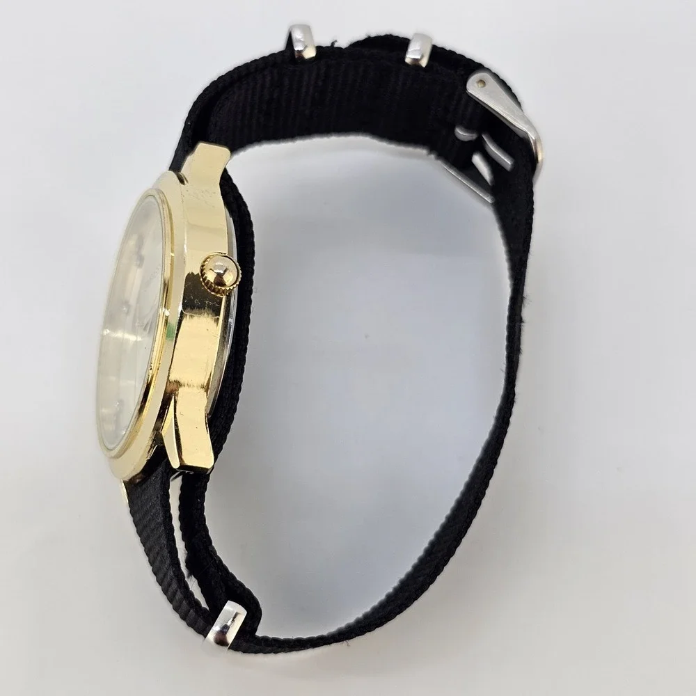 Embassy Men's Analog Watch 38MM Gold Dial Date NEW Black Canvas Band NEW Battery